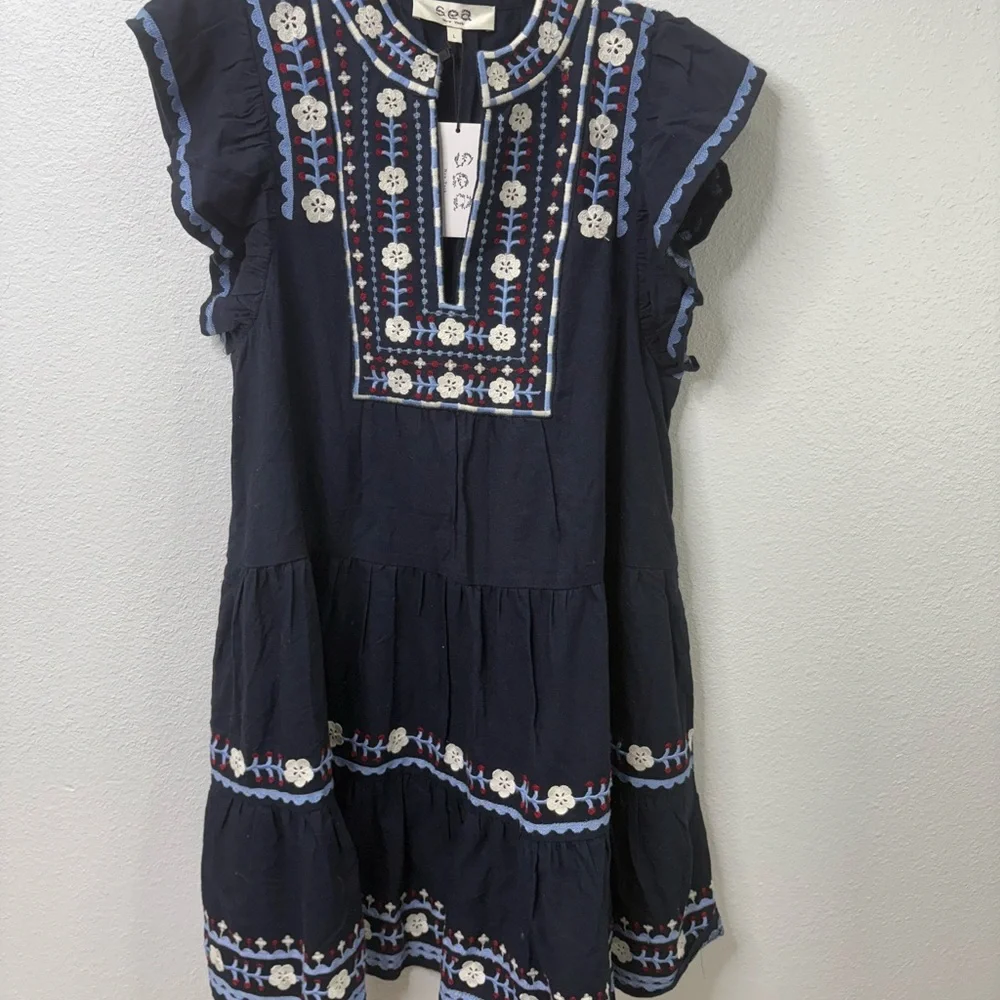 Sea New York Large Shaina Embroidery Flutter Sleeve Dress in Navy Size Large NWT - Picture 8 of 8
